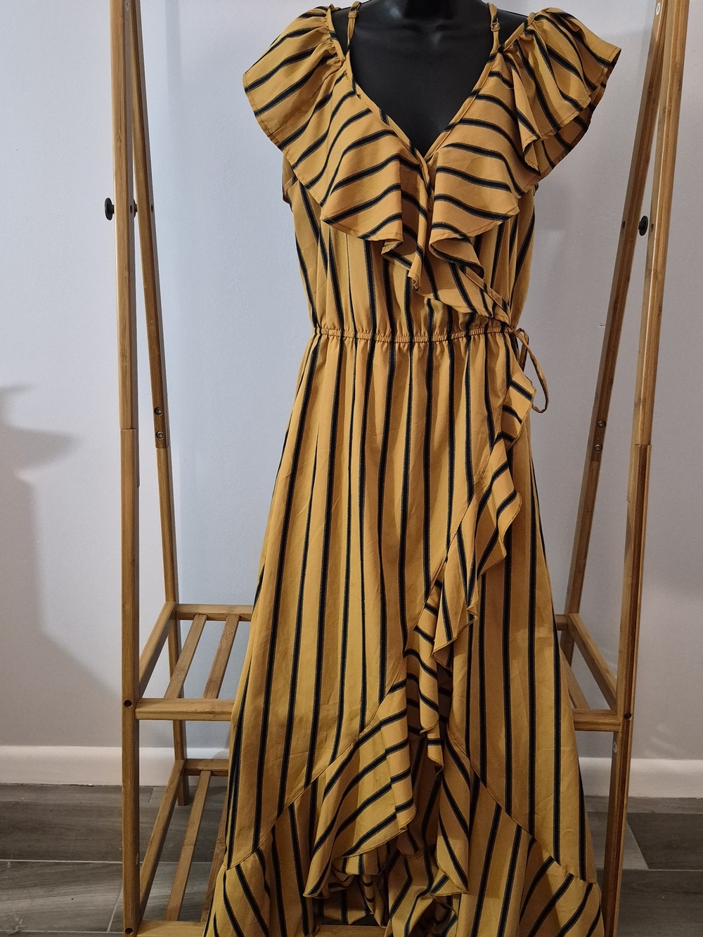 Blush Mustard Yellow and Black Striped Ruffle Maxi Dress